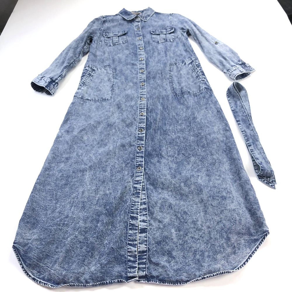 Soft Surroundings XS Chambray Tencel Tab Sleeve Maxi Dress Blue MINT 29843